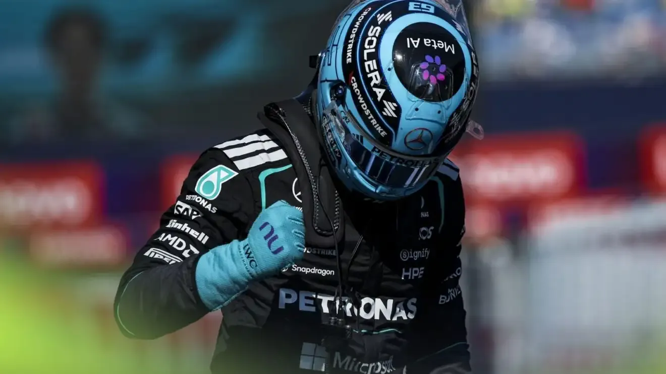 George Russell celebrates pole position at the 2026 Austrian Grand Prix