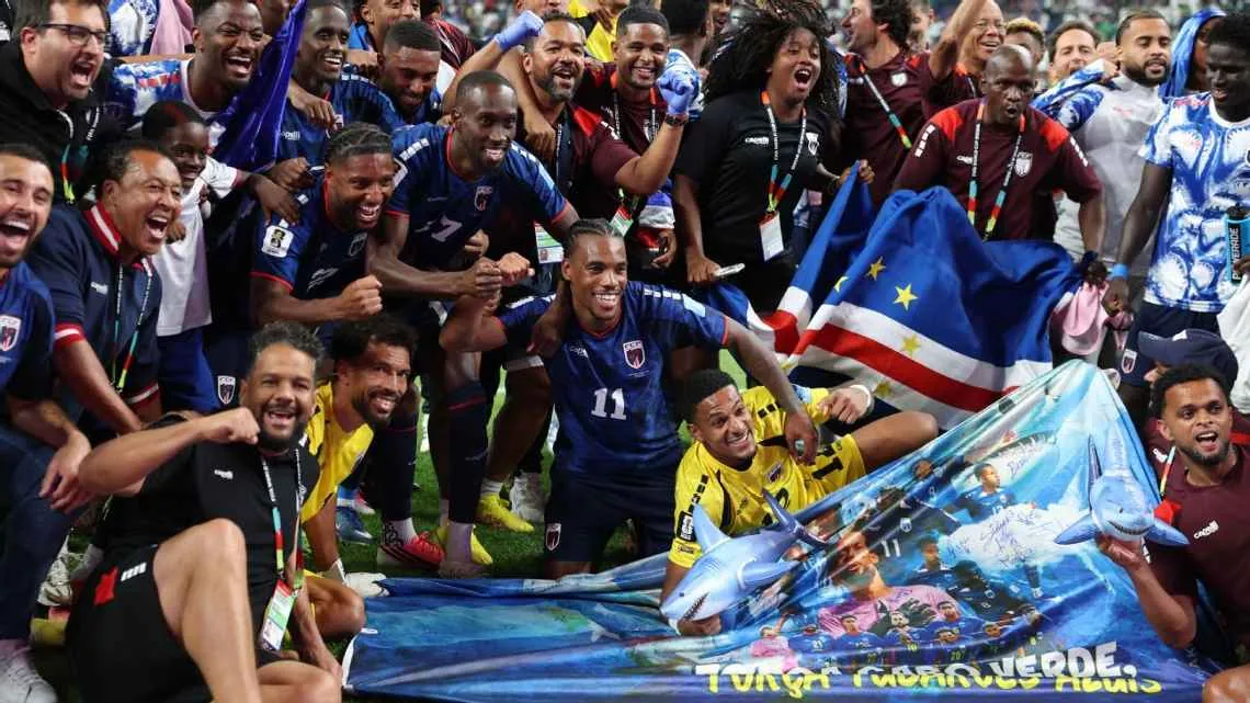 Cape Verde players celebrate after reaching the knockout stage of the World Cup.Francois Nel/Getty Images