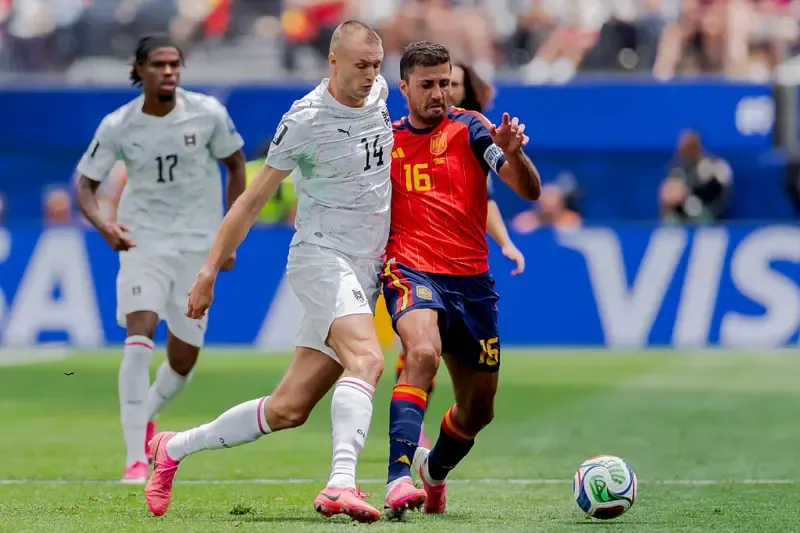 Sasa Kalajdzic of Austria, Rodri of Spain during the World Cup match between Spain v Austria at the Los Angeles Stadium on July 2, 2026 in Los Angeles United States.
