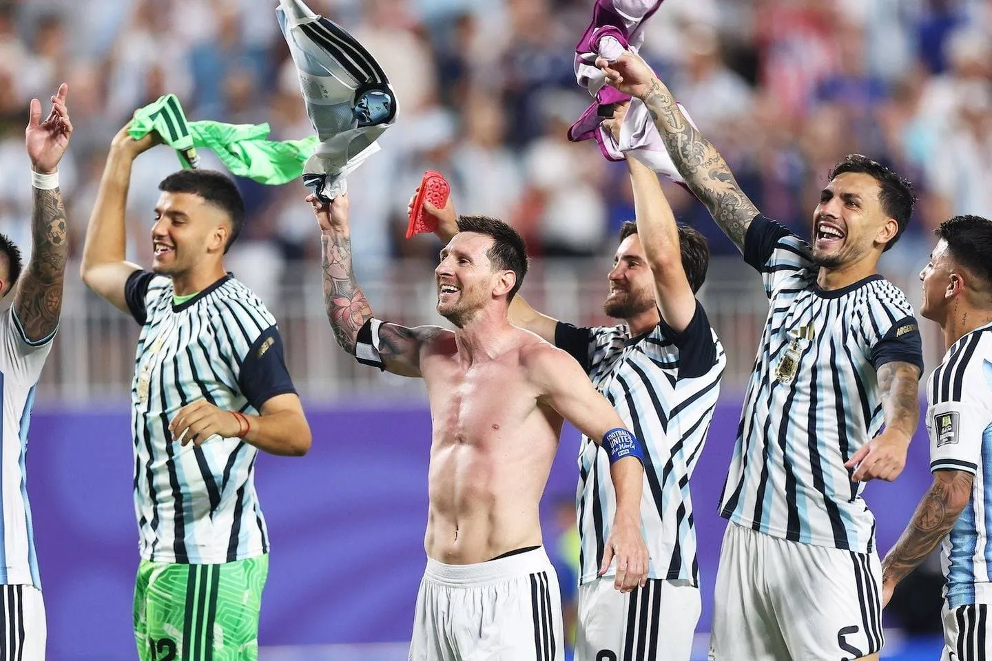 Lionel Messi #10 and Leandro Paredes #5 of Argentina applaud fans after the 3-1 victory during the FIFA World Cup 2026 Quarter Final match between Argentina and Switzerland at Kansas City Stadium on July 11, 2026 in Kansas City, Missouri.