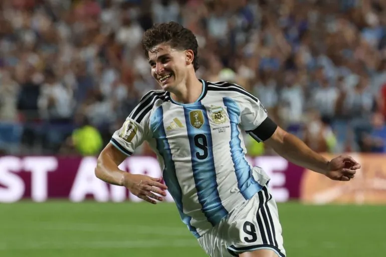Argentina's forward #09 Julian Alvarez celebrates scoring his team's second goal during the 2026 World Cup football tournament quarter-final match between Argentina and Switzerland