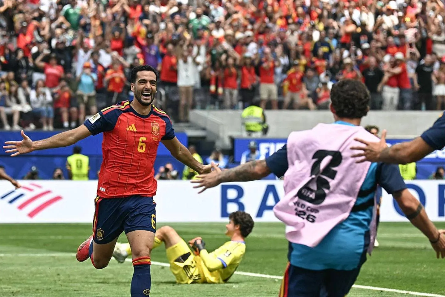 Spain's midfielder #06 Mikel Merino celebrates scoring his team's second goal during the 2026 World Cup football tournament quarter-final match between Spain and Belgium at the Los Angeles Stadium in Inglewood on July 10, 2026. (Photo by Paul ELLIS / AFP via Getty Images)