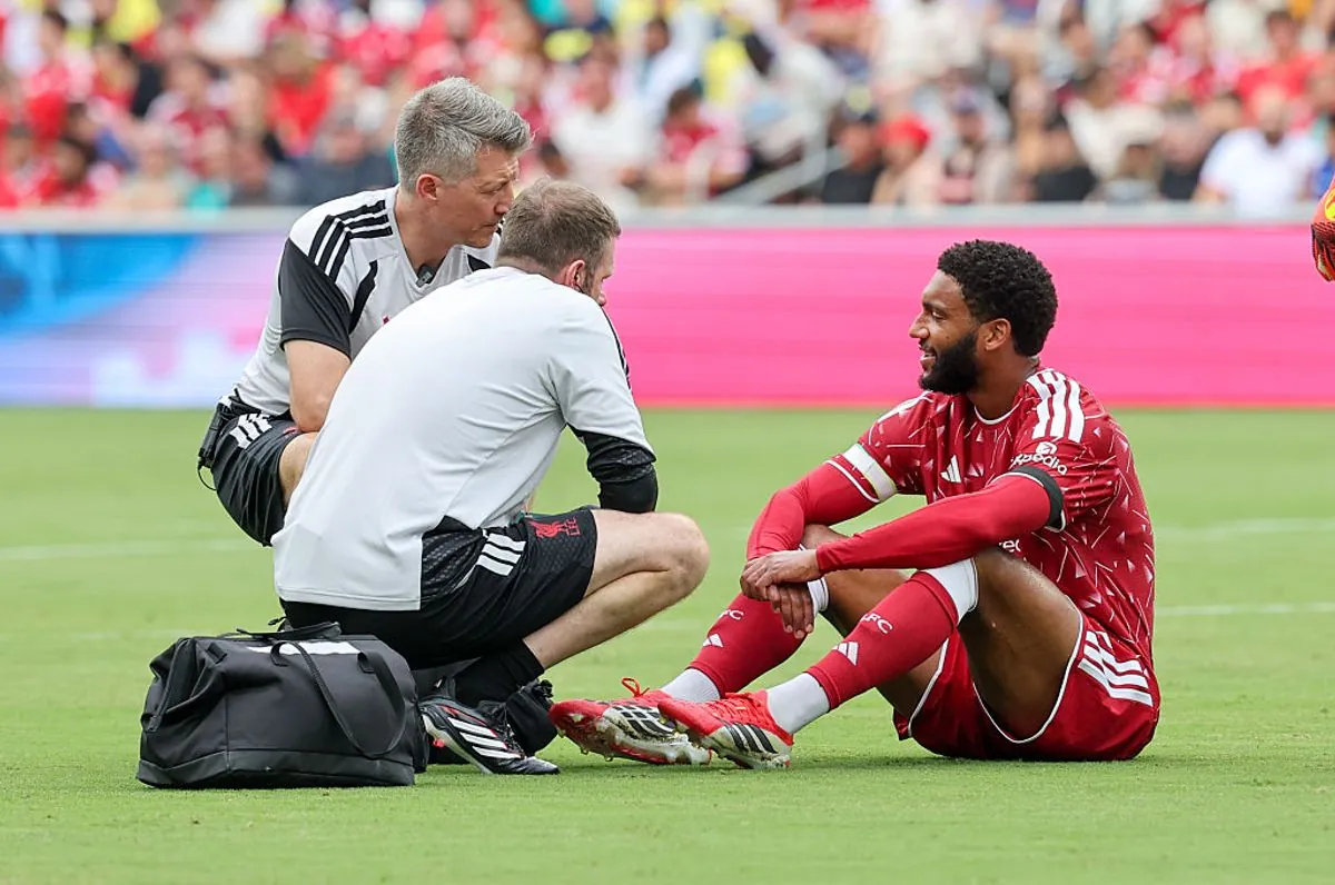 NASHVILLE, TENNESSEE - JULY 25: Liverpool's Joe Gomez is injured during the pre-season friendly match between Liverpool FC and Sunderland AFC at GEODIS Park on July 25, 2026 in Nashville, Tennessee. (Photo by Ian Horrocks/Sunderland AFC via Getty Images)